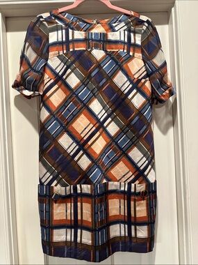 McGinn Plaid Mini Dress in Blue, Orange, Brown
